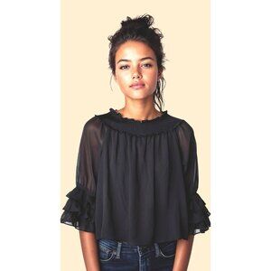 CeCe WOMENS SIZE L RUFFLE CHIFFON SILK BLOUSE BLACK